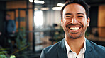 Business, man and laugh with portrait in office for green career, ESG compliance and about us. Staff, sustainability advisor and funny at eco friendly workplace for social impact, space and ambition