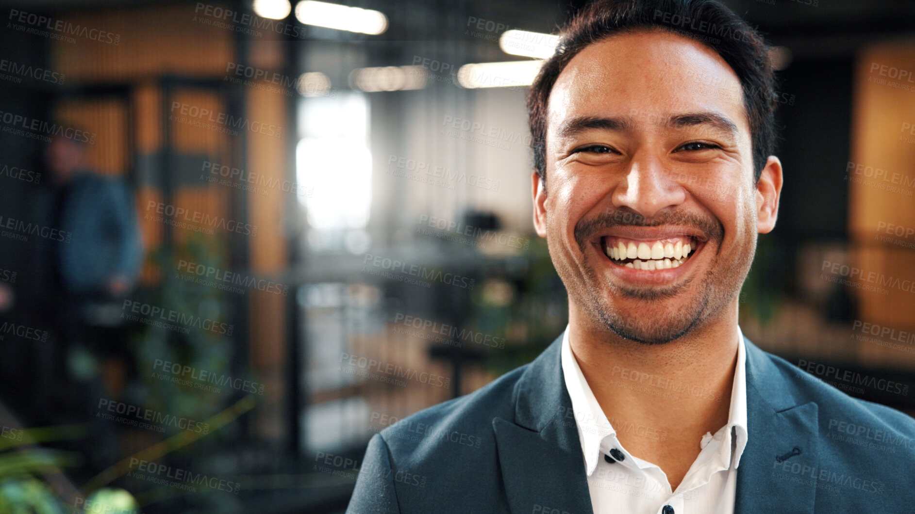 Buy stock photo Business, man and laugh with portrait in office for green career, ESG compliance and about us. Staff, sustainability advisor and funny at eco friendly workplace for social impact, space and ambition