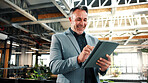 Happy, businessman and scroll in office with tablet, email and good news for investment opportunity. Mature person, smile and company finance review with tech, alert or notification of funding offer.