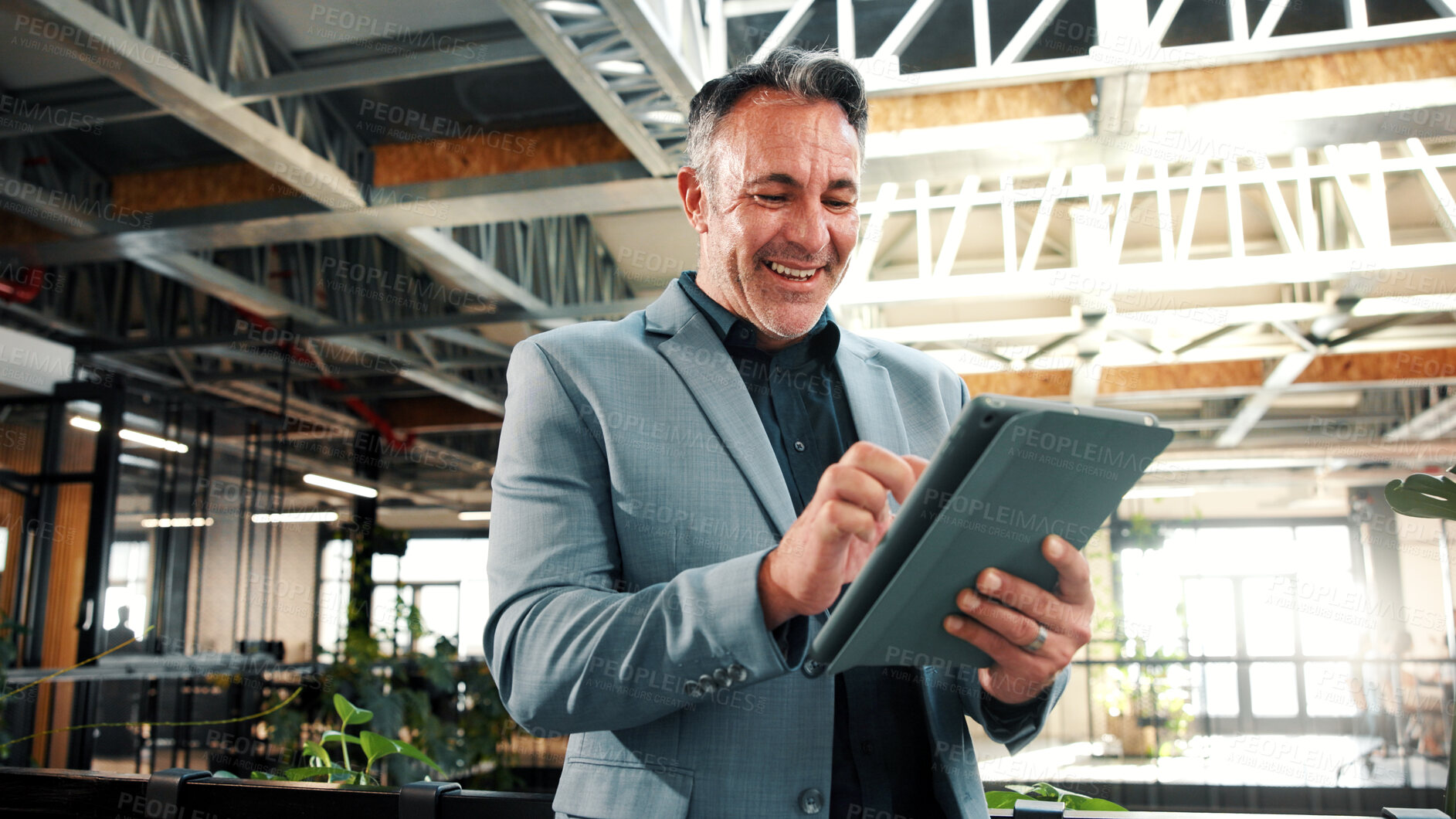 Buy stock photo Happy, businessman and scroll in office with tablet, email and good news for investment opportunity. Mature person, smile and company finance review with tech, alert or notification of funding offer.