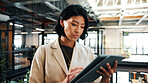 Businesswoman, reading and scroll in office with tablet, review email marketing campaign and website. Person, research and browsing in workplace with tech, digital advertising project and creativity.