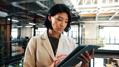 Buy stock photo Businesswoman, reading and scroll in office with tablet, review email marketing campaign and website. Person, research and browsing in workplace with tech, digital advertising project and creativity.