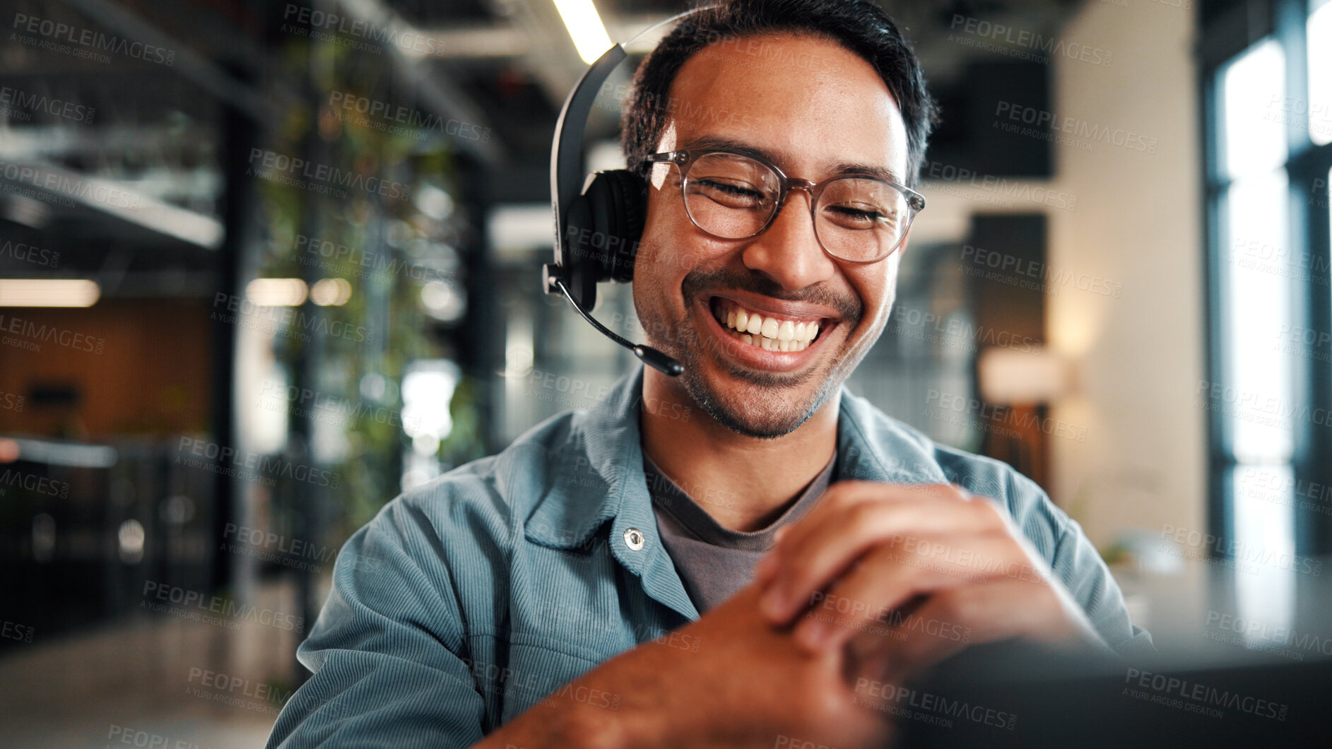 Buy stock photo Call center, man and headset in customer service with help desk, communication and happy consultant. Contact us, tech and smile with conversation for web support, virtual advice or agent for hotline