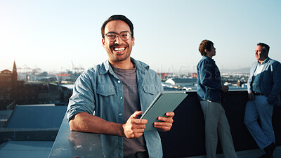Buy stock photo Creative, portrait and businessman with tablet, outdoor or plan for ad campaign and brand awareness. Social media manager, online and happy person with tech for assignment, digital marketing and info