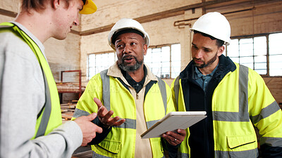 Buy stock photo Discussion, tablet and men in warehouse for woodwork, manufacturing and contractor team. Furniture, production and carpenter people in joinery factory with tech for workshop, collaboration or project
