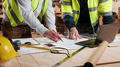 Buy stock photo Carpentry, blueprint and hands of people in workshop for planning, wood production and furniture design. Carpenter, laptop and men meeting with floorplan for inventory, review and woodworking project