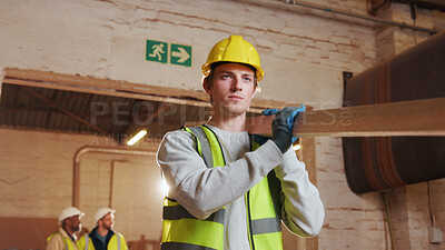 Buy stock photo Plank, man and thinking in factory for carpentry, manufacturing or lumber contractor. Furniture, production and woodwork person in joinery warehouse with beam for workshop, project or quality control