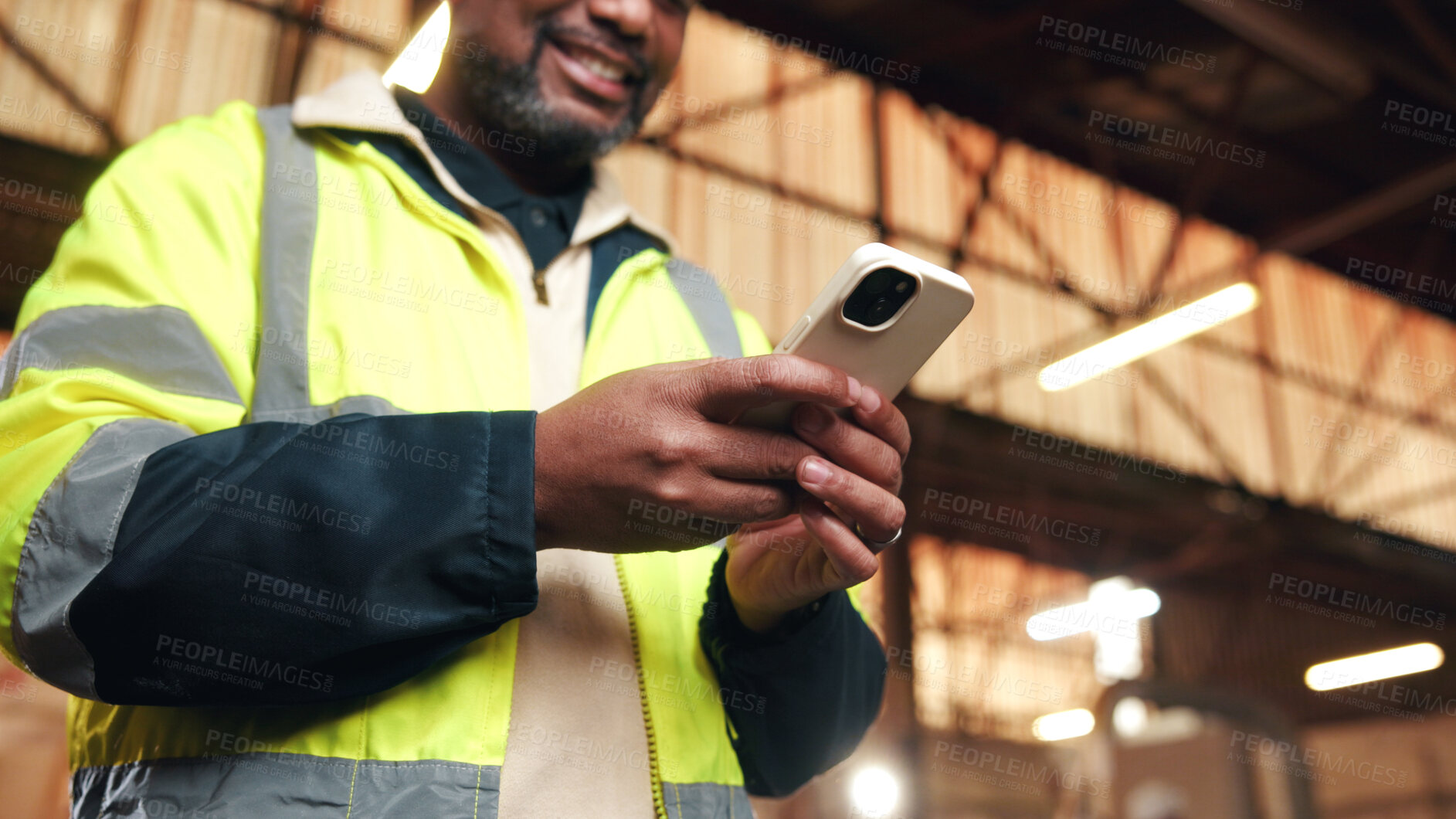 Buy stock photo Warehouse, hands and man with phone for logistics, inventory message or stock notification. Mobile, supply chain worker and happy person with app, shipping or email update for distribution service