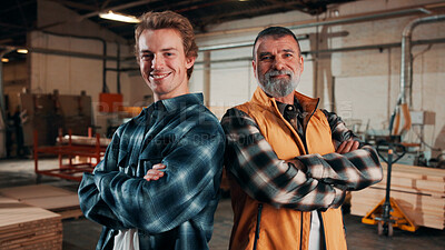 Buy stock photo Portrait, arms crossed and men in lumber workshop, carpentry apprentice and mentor in manufacturing. People, team confidence and smile with carpenter trainee, supervisor and woodworking production