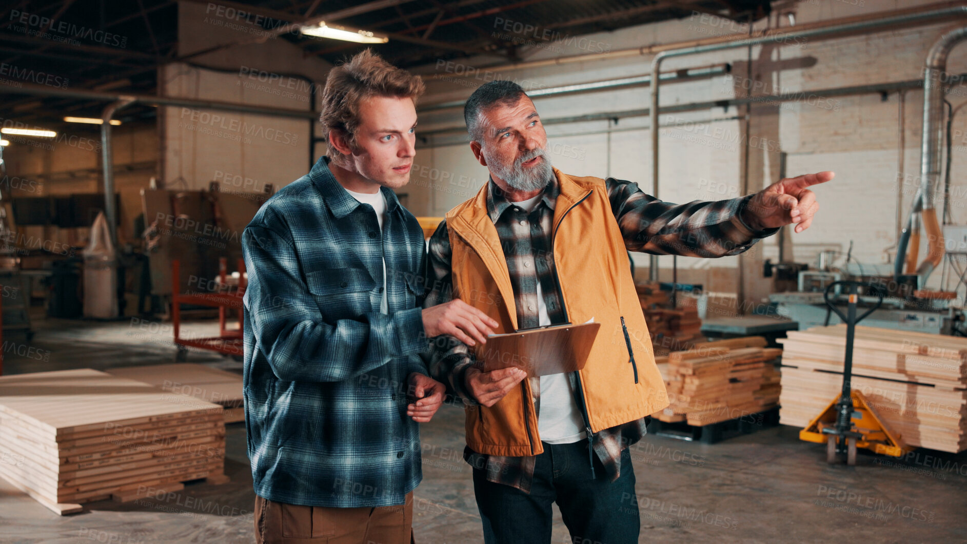 Buy stock photo Men, clipboard or meeting in lumber workshop, carpenter and apprentice with checklist and point. Discussion, trainee and mentor with feedback, notes for inventory management or carpentry guidelines