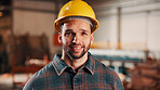 Carpentry, industry and portrait with man in workshop for management, safety or stock . Hardhat, manufacturing and production with happy person in woodworking warehouse for furniture business
