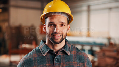 Buy stock photo Carpentry, industry and portrait with man in workshop for management, safety or stock . Hardhat, manufacturing and production with happy person in woodworking warehouse for furniture business