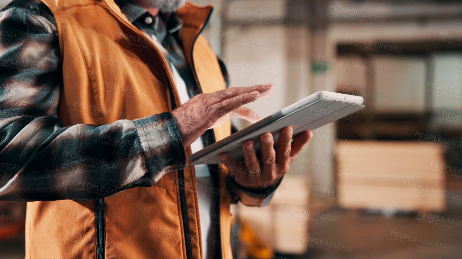 Buy stock photo Hands, tablet and scroll in carpentry warehouse, check lumber order or online inventory management. Person, carpenter and tech for digital stock analysis or search woodworking merchandise app