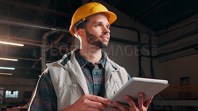 Buy stock photo Carpenter, man and inspection with tablet in warehouse for wood production, stock or inventory. Carpentry, male person or checking supply with technology or app for furniture distribution in workshop