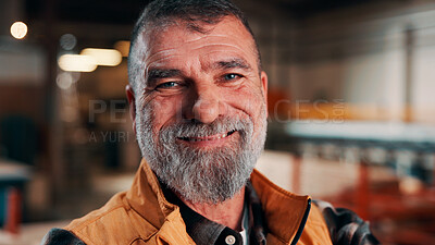 Buy stock photo Carpentry, industry and portrait of man in warehouse for design, engineering or management. Manufacturing, production and smile with mature person in woodworking factory for furniture business