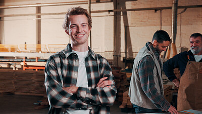 Buy stock photo Man, portrait and carpenter in workshop with arms crossed, lumber production or happy for opportunity. Project manager, smile and team in factory for about us, small business representative or timber