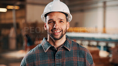 Buy stock photo Carpentry, portrait and happy man in factory with helmet, handyman or ambition in manufacturing industry. Smile, hardhat or carpenter with about us, production career or confidence in woodworking.