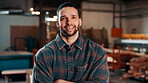 Carpentry, portrait and man in warehouse with arms crossed, handyman or pride in manufacturing industry. Smile, ambition or artisan with about us, production career or confidence in woodworking.