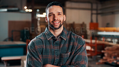 Buy stock photo Carpentry, portrait and man in warehouse with arms crossed, handyman or pride in manufacturing industry. Smile, ambition or artisan with about us, production career or confidence in woodworking.