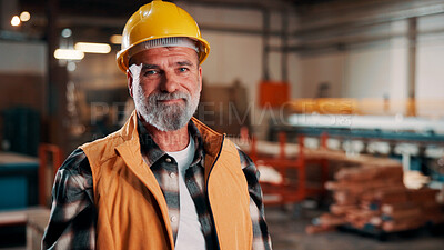 Buy stock photo Carpentry, portrait and man in warehouse with helmet, handyman or ambition in manufacturing industry. Smile, hardhat or mature carpenter with about us, production career or confidence in woodworking.