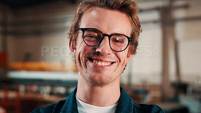 Buy stock photo Carpentry, portrait and smile of man in warehouse for management, manufacturing or production. Design, engineering and glasses with happy person in woodworking factory for furniture business