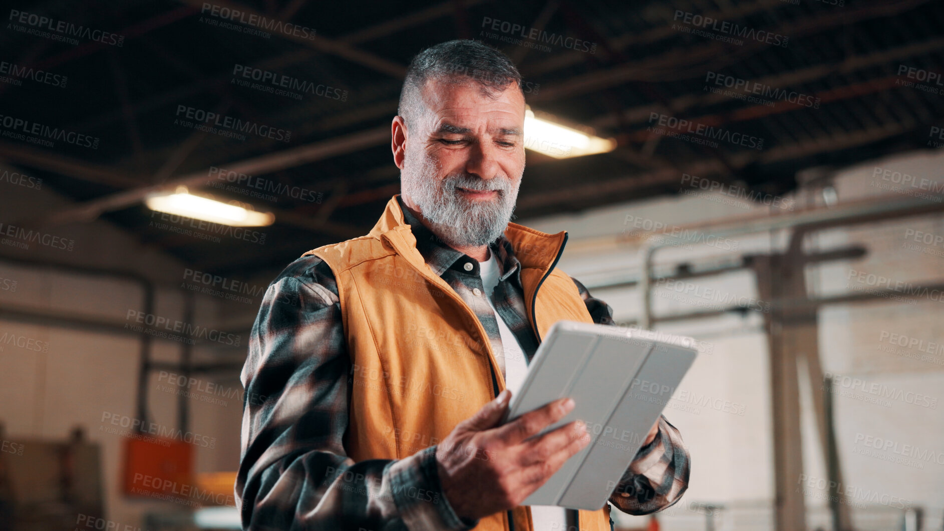Buy stock photo Man, tablet and scroll in carpentry workshop, check lumber order or online inventory management. Mature, carpenter and tech for digital stock analysis or search woodworking merchandise app for info