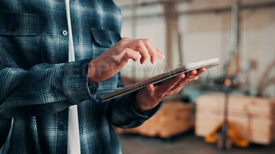 Buy stock photo Hands, tablet and online in carpentry workshop, check lumber order or inventory management. Person, carpenter and scroll tech for digital stock analysis or search woodworking merchandise app for info
