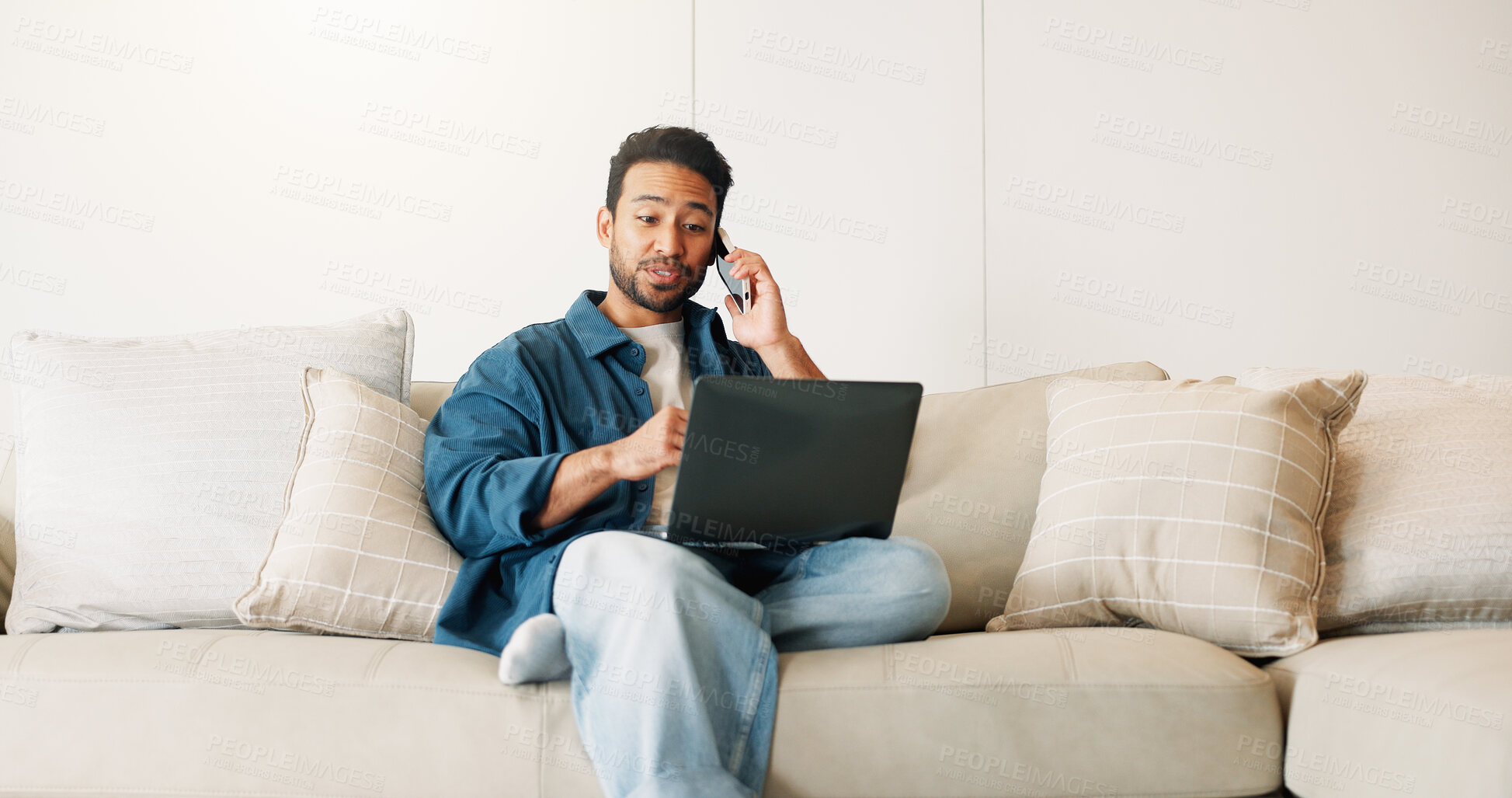Buy stock photo Phone call, laptop and man on sofa for remote work, contact and planning with communication. Freelance, home and person on tech for connection, project update and talking with feedback for report