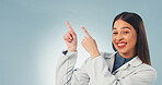 Science, portrait or woman with point, safety instruction or presentation list on lab guidelines. Happy, mockup or scientist with steps, compliance advice or medical info on studio background.