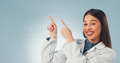 Buy stock photo Science, portrait or woman with point, safety instruction or presentation list on lab guidelines. Happy, mockup or scientist with steps, compliance advice or medical info on studio background.