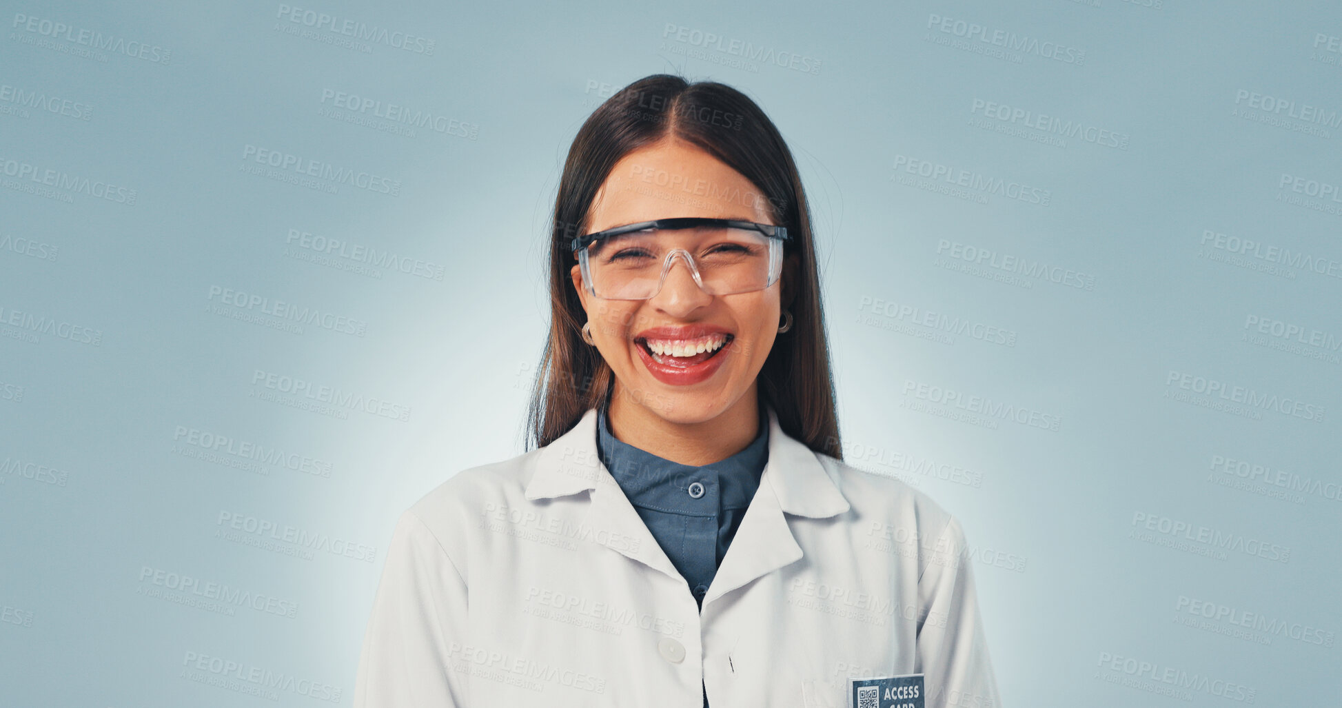 Buy stock photo Laugh, science and portrait of woman in studio for pharmacy expert, pride and about us. Healthcare, medical research and funny with person on white background space for discovery and specialist