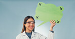 Science, portrait or happy woman with speech bubble, safety instruction or chat on lab guideline. Social media, poster or scientist with mockup, compliance sign or medical notice on studio background