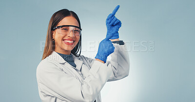 Buy stock photo Science, portrait or happy woman with point, presentation list or safety instruction on lab guidelines. Smile, mockup or scientist with steps, compliance advice or medical info on studio background.