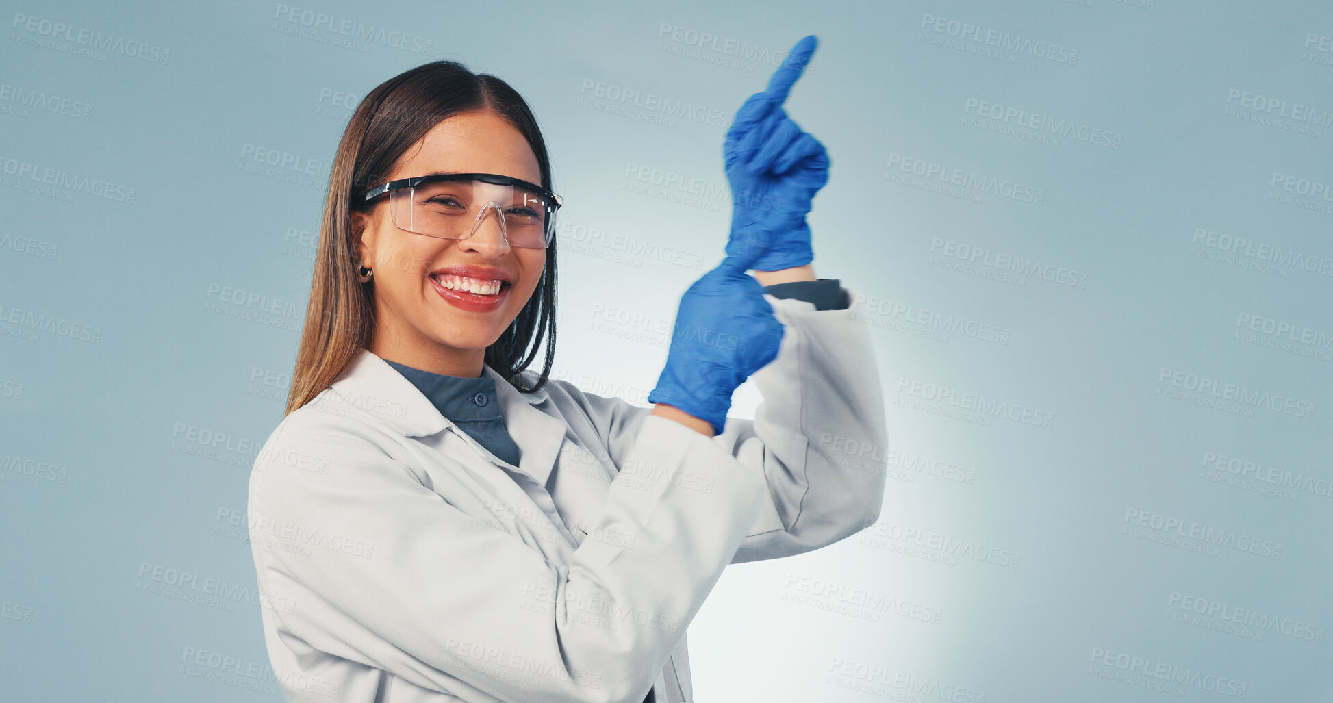 Buy stock photo Science, portrait or happy woman with point, presentation list or safety instruction on lab guidelines. Smile, mockup or scientist with steps, compliance advice or medical info on studio background.