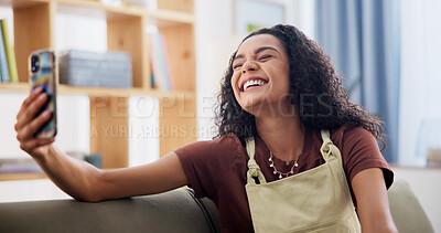Buy stock photo Phone, video call and woman on sofa in home with communication, greeting and online conversation. Happy, laugh and female person with tech for virtual discussion with networking in living room