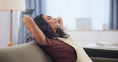 Buy stock photo Woman, stretching and relax at house with smile, peace and calm morning for weekend break. Happy, female person and rest in home with eyes closed, comfortable and unwind in lounge for stress relief