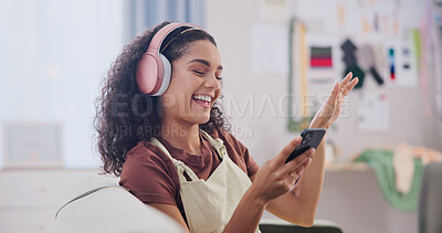 Buy stock photo Headphones, dance and woman on sofa for music subscription, streaming and track on weekend. Relax, happy and person with audio, radio and podcast for chill, good mood and break with playlist in home