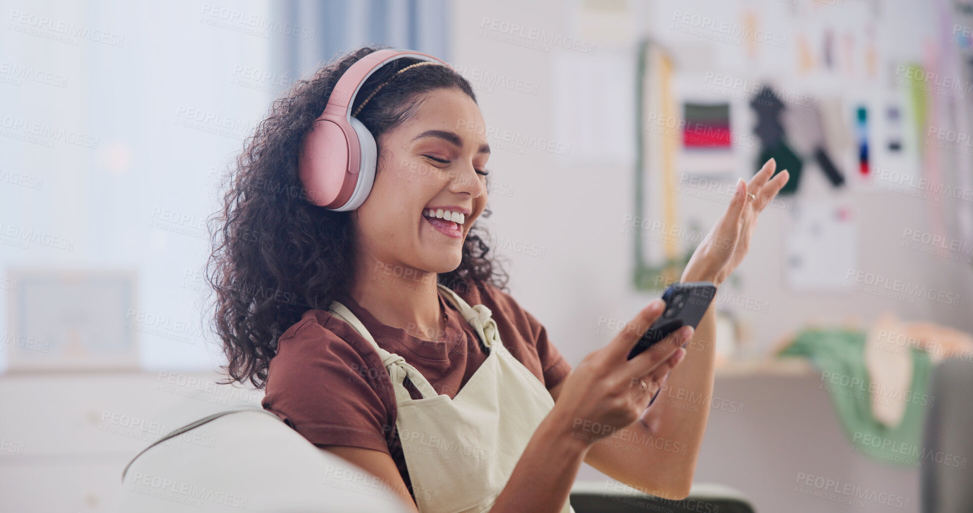 Buy stock photo Headphones, dance and woman on sofa for music subscription, streaming and track on weekend. Relax, happy and person with audio, radio and podcast for chill, good mood and break with playlist in home