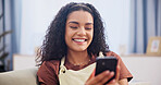 Smile, relax and woman on sofa with phone for texting, notification or online dating app in home. Communication, connection and happy person in living room with tech for social media, message or chat
