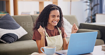 Buy stock photo Home, fist pump and woman excited with laptop for winning with discount, deal or surprise. Happy person, girl and tech in living room with reward announcement, omg and victory with celebration