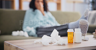 Buy stock photo Home, sick and woman with medication on table for virus recovery, symptom relief and hay fever. Tissues, pills and person with viral infection for seasonal illness, healing or prescription treatment