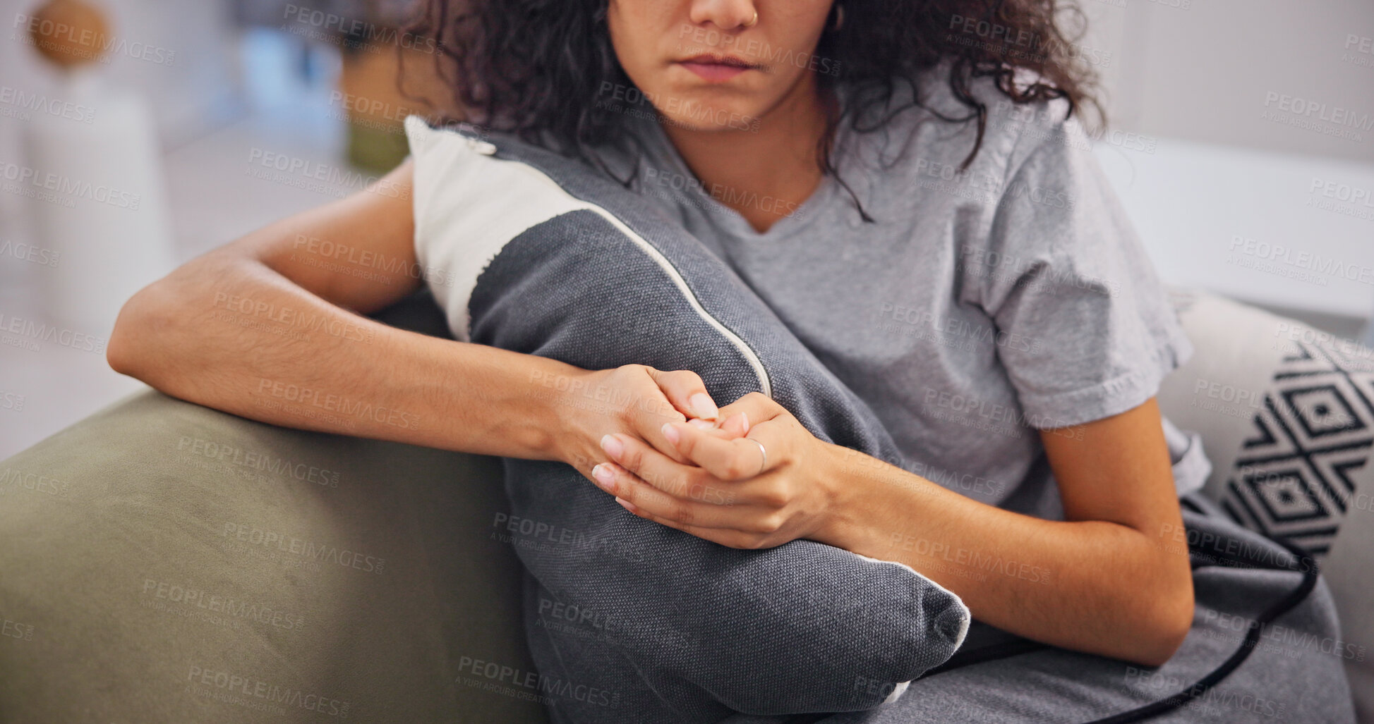 Buy stock photo Woman, stress and fidget nails on sofa in home with schizophrenia, mental health and doubt. Psychology, person with depression and worried with anxiety, trauma and fear on couch in living room