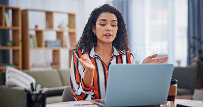 Buy stock photo Video call, laptop and explain with woman for remote work, calendar or planning in home. Business, administration and discussion with freelance employee and reminder, agenda or appointment notes