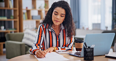 Buy stock photo Writing, paperwork and woman in home for remote work, finance review and budget planning. Wfh, accounting and person with documents, laptop and financial report for revenue, portfolio and audit