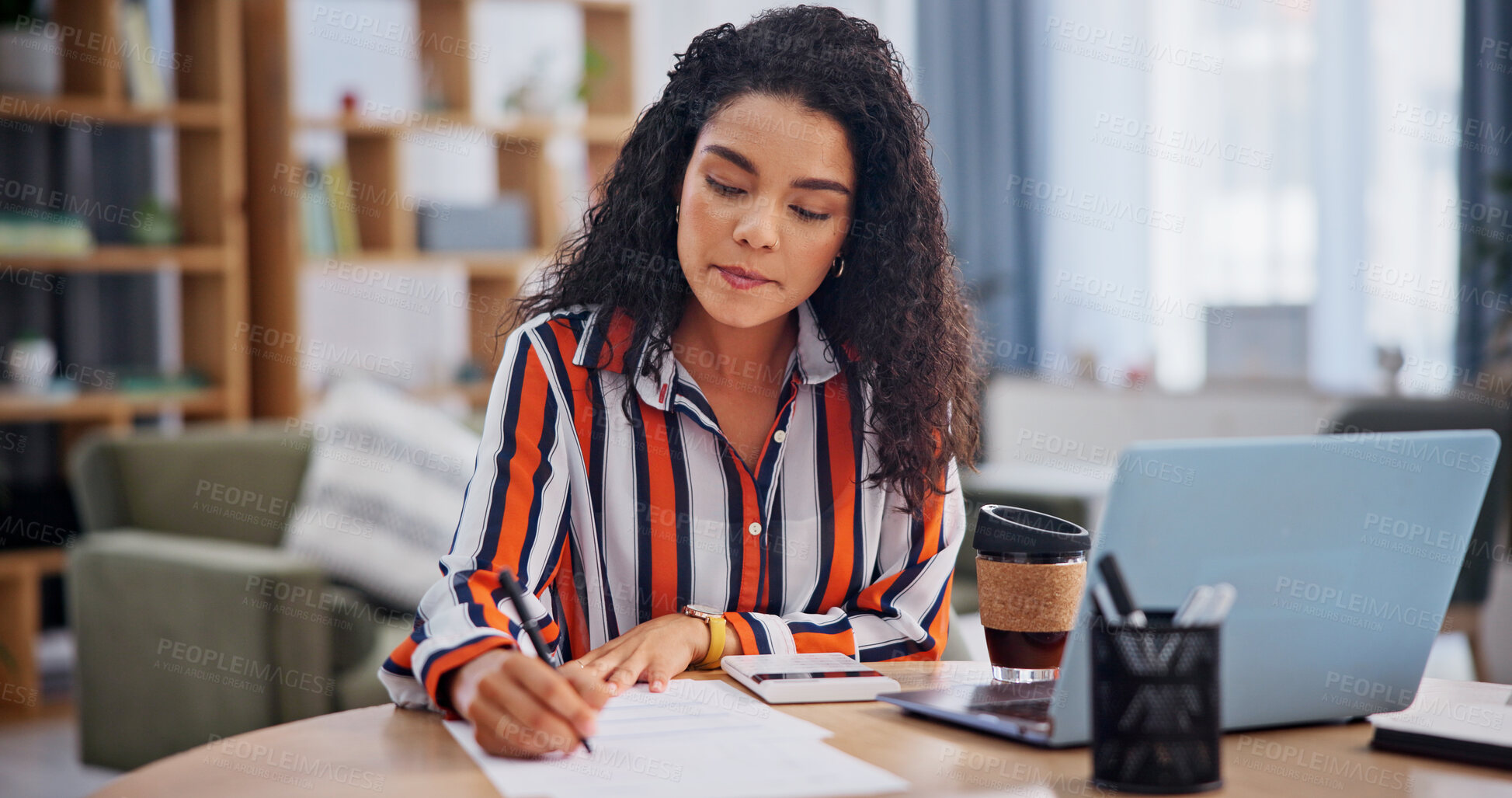 Buy stock photo Writing, paperwork and woman in home for remote work, finance review and budget planning. Wfh, accounting and person with documents, laptop and financial report for revenue, portfolio and audit