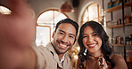 Selfie, happy and portrait of couple in restaurant on anniversary, bonding or weekend date. Smile, love and man with woman for photography picture with connection in marriage together in diner.