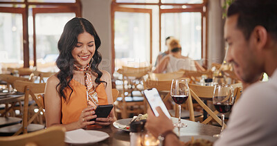 Buy stock photo Phone, wine and couple in restaurant for date, connection or bonding with online menu for order. Happy, cellphone and man with woman on mobile app for choice on dinner, meal or supper in diner.