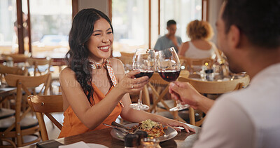 Buy stock photo Couple, toast or woman in restaurant with red wine, loyalty and bonding in anniversary celebration. Honeymoon, happy and people with alcohol cheers, special moment and connection with romantic date.