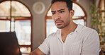 Owner, laptop and man with worry in cafe for bad review, stock mistake or inventory error. Small business manager, tech and concern in restaurant for customer complaint, app feedback or poor rating