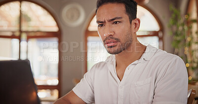 Buy stock photo Owner, laptop and man with worry in cafe for bad review, stock mistake or inventory error. Small business manager, tech and concern in restaurant for customer complaint, app feedback or poor rating